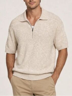 Jason Wu Beige Short-Sleeve Knit Polo with Zip Collar